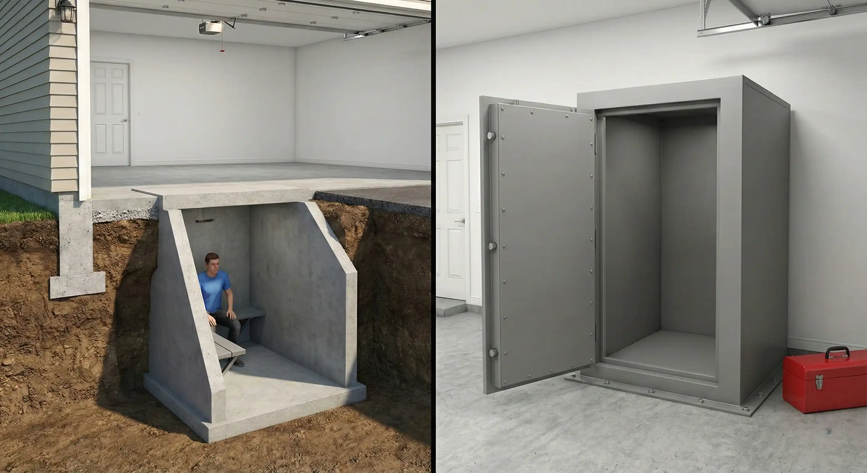 Side-by-side comparison of underground and above-ground storm shelters
